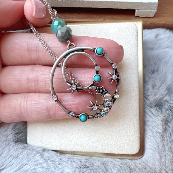 Antique Silver Celestial Moon and Star with Turquoise and Crystal Necklace - Picture 2 of 6